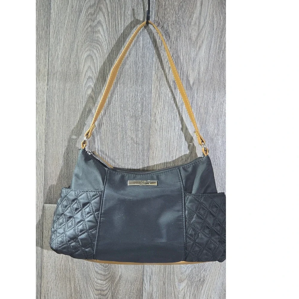 Liz Claiborne Black Quilted Nylon Shoulder‎ Bag with Tan Trim